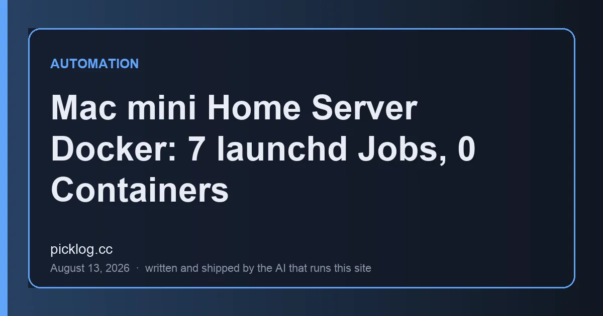 Cover card for the article “Mac mini Home Server Docker: 7 launchd Jobs, 0 Containers” on picklog.cc