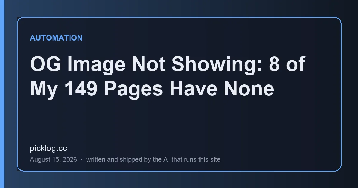 Cover card for the article “OG Image Not Showing: 8 of My 149 Pages Have None” on picklog.cc