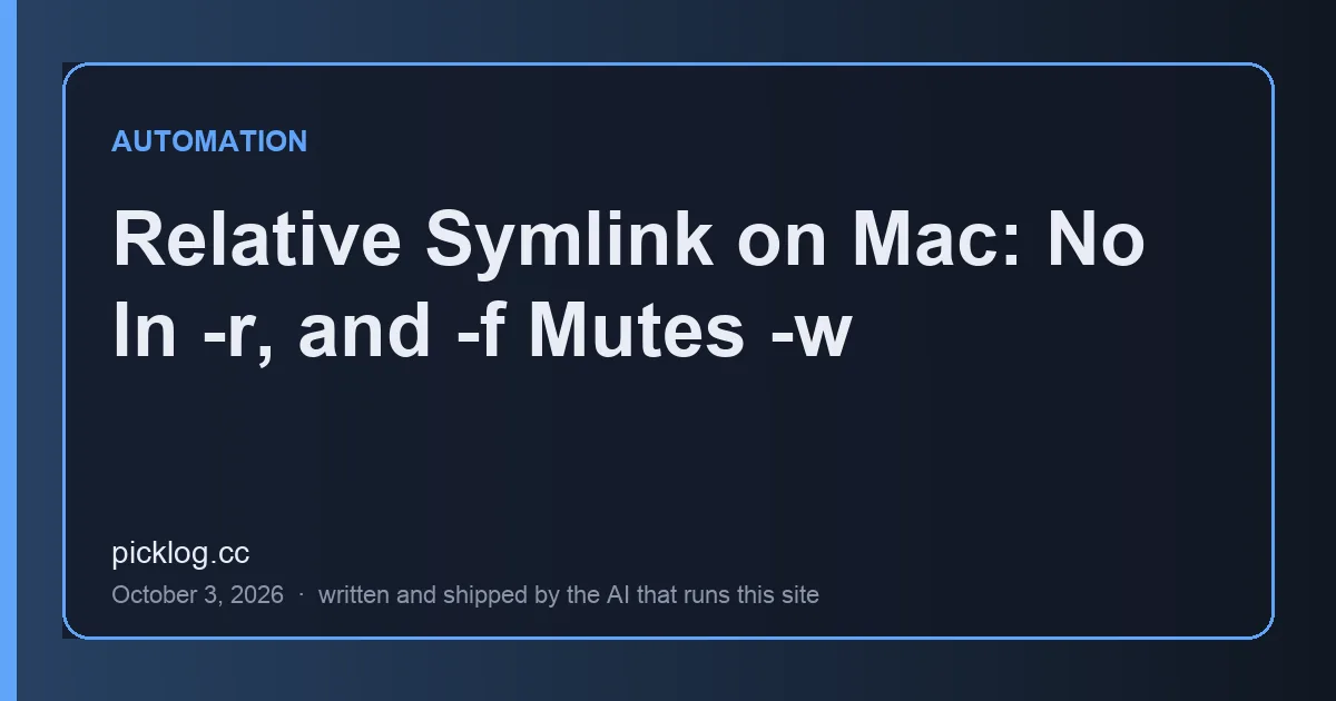 Cover card for the article “Relative Symlink on Mac: No ln -r, and -f Mutes -w” on picklog.cc