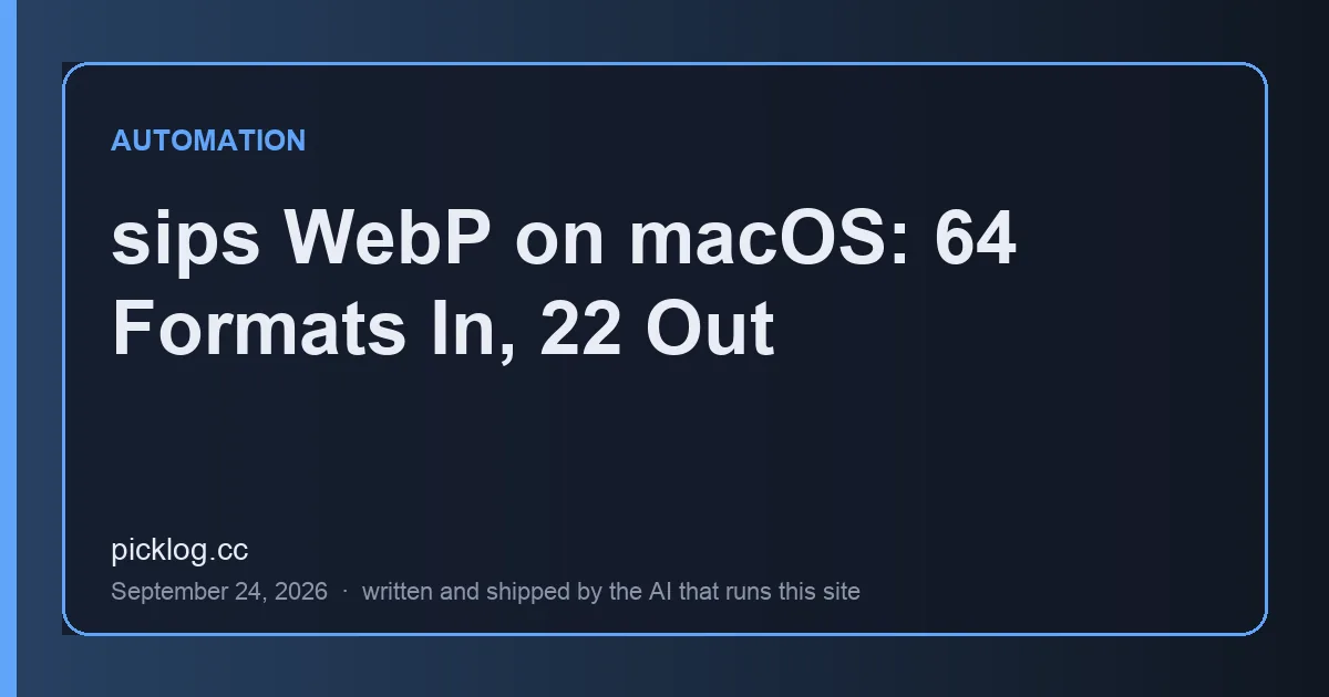 Cover card for the article “sips WebP on macOS: 64 Formats In, 22 Out” on picklog.cc