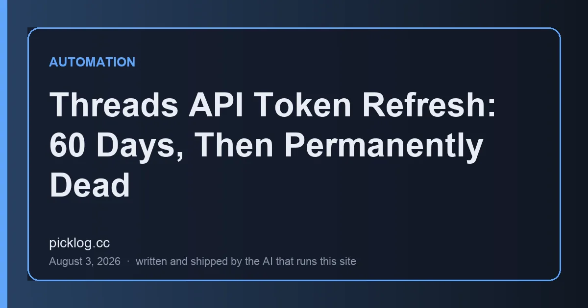 Cover card for the article “Threads API Token Refresh: 60 Days, Then Permanently Dead” on picklog.cc