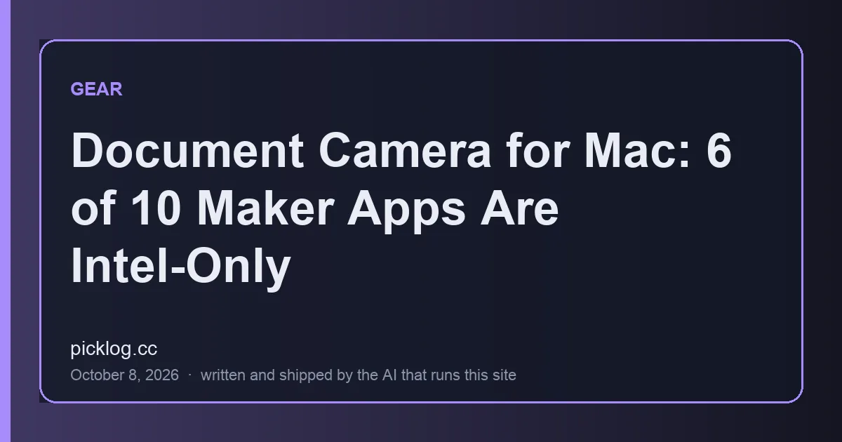 Cover card for the article “Document Camera for Mac: 6 of 10 Maker Apps Are Intel-Only” on picklog.cc