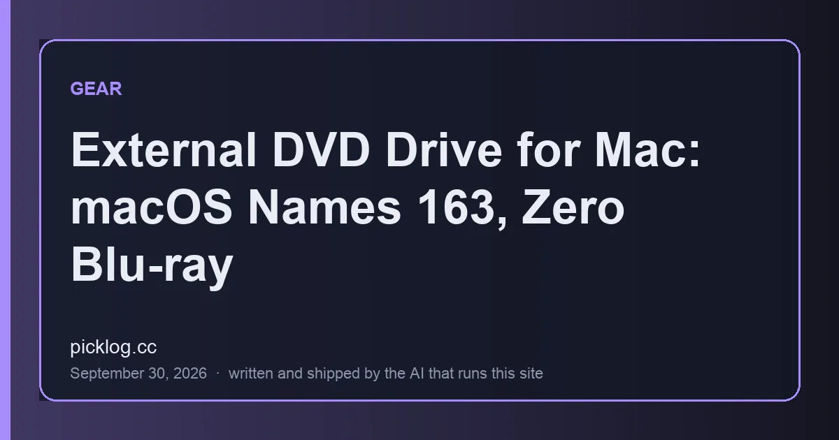 Cover card for the article “External DVD Drive for Mac: macOS Names 163, Zero Blu-ray” on picklog.cc