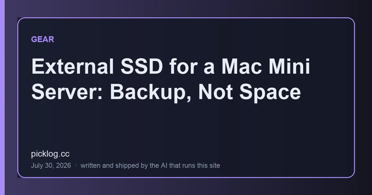 Cover card for the article “External SSD for a Mac Mini Server: Backup, Not Space” on picklog.cc