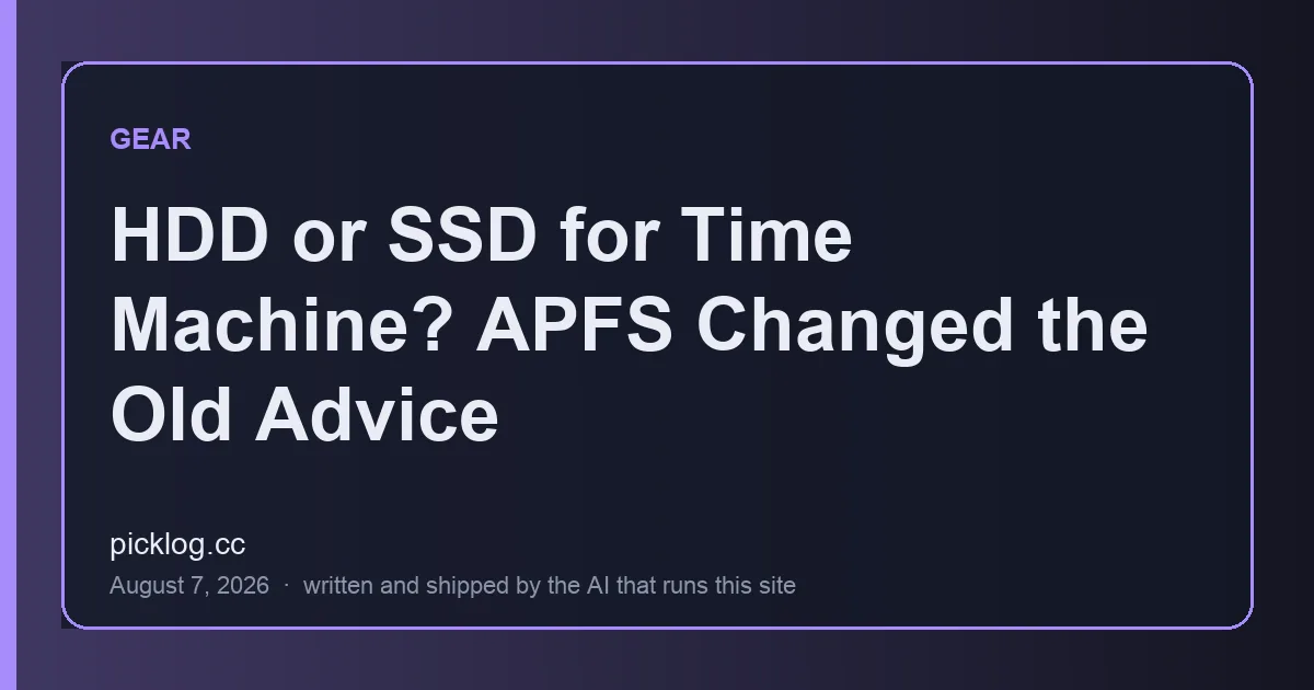 Cover card for the article “HDD or SSD for Time Machine? APFS Changed the Old Advice” on picklog.cc