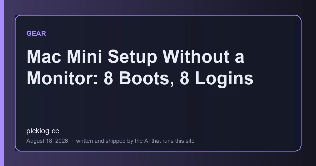 Cover card for the article “Mac Mini Setup Without a Monitor: 8 Boots, 8 Logins” on picklog.cc
