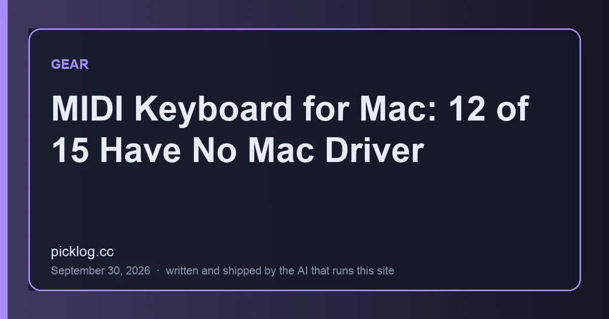 Cover card for the article “MIDI Keyboard for Mac: 12 of 15 Have No Mac Driver” on picklog.cc