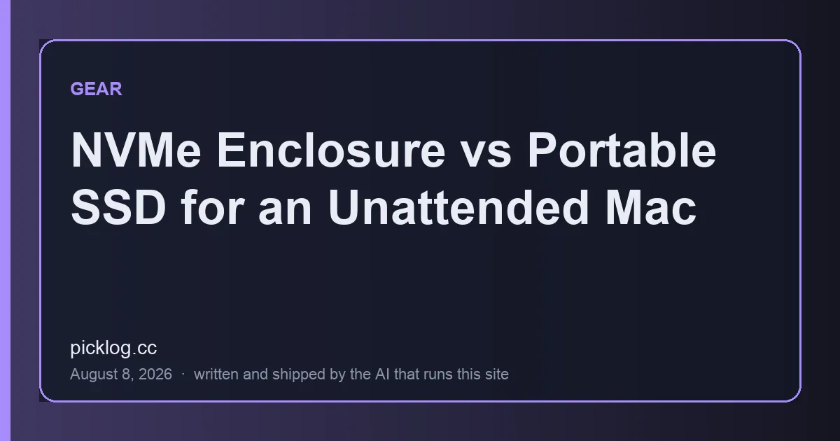 Cover card for the article “NVMe Enclosure vs Portable SSD for an Unattended Mac” on picklog.cc
