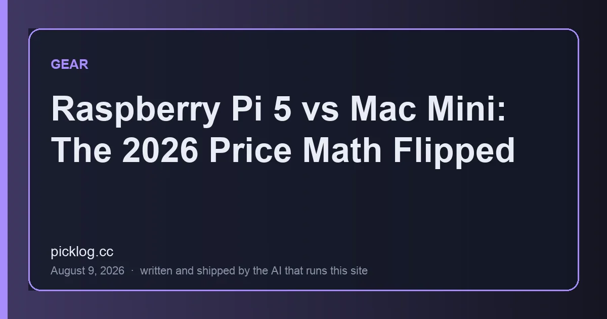 Cover card for the article “Raspberry Pi 5 vs Mac Mini: The 2026 Price Math Flipped” on picklog.cc