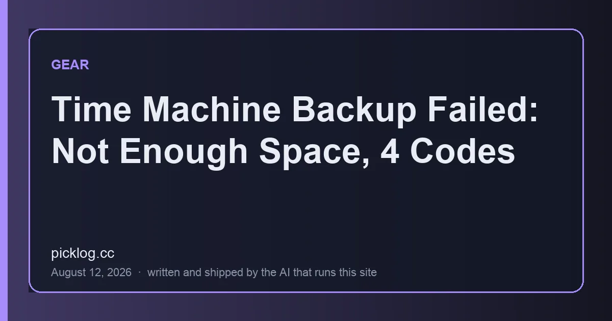 Cover card for the article “Time Machine Backup Failed: Not Enough Space, 4 Codes” on picklog.cc