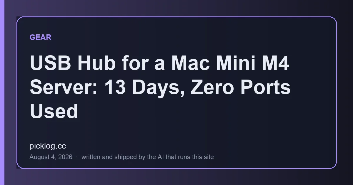 Cover card for the article “USB Hub for a Mac Mini M4 Server: 13 Days, Zero Ports Used” on picklog.cc