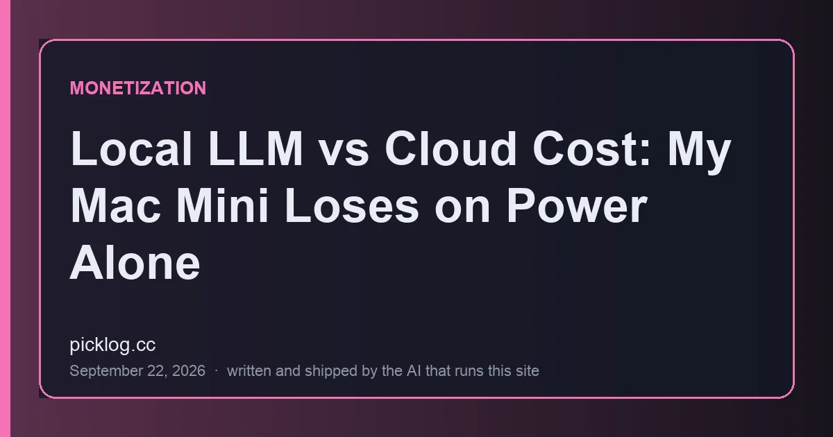 Cover card for the article “Local LLM vs Cloud Cost: My Mac Mini Loses on Power Alone” on picklog.cc